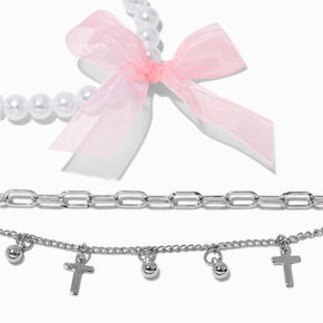 Pink Bow Pearl &amp; Silver-tone Cross Chain Multi-Strand Bracelet Set - 2 Pack,