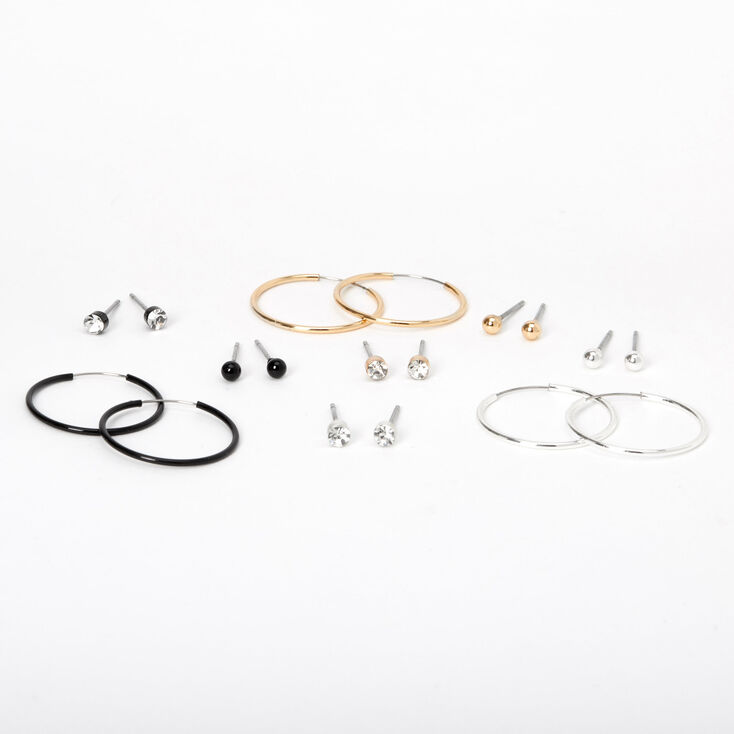 Mixed Metal 20MM Stud Crystal &amp; Hoop Earrings - 9 Pack,