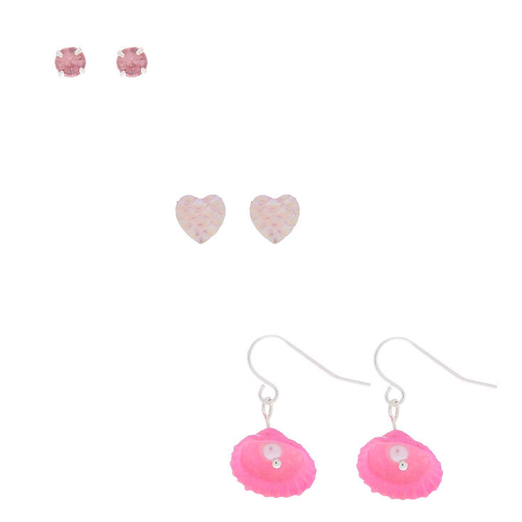 Claire's Lot de 3 paires de boucles d'oreille diverses roses thème aquatique couleur argenté