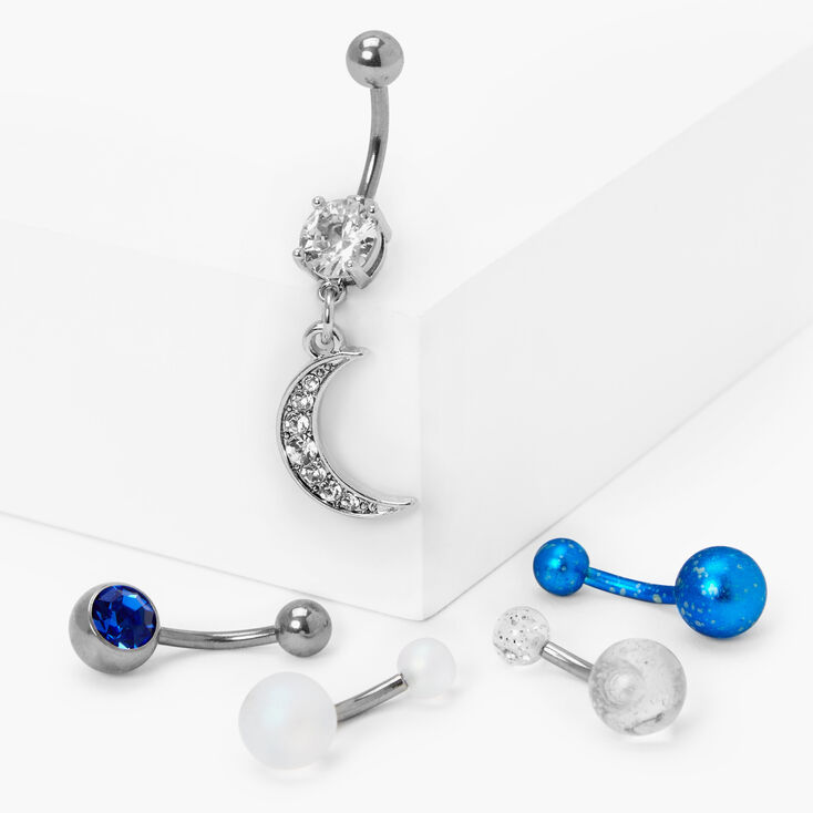Piercings de nombril aux designs vari&eacute;s croissant de lune 1,6&nbsp;mm couleur argent&eacute;e - Bleu, lot de 5,