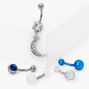 Silver 14G Crescent Moon Mixed Belly Rings - Blue, 5 Pack,