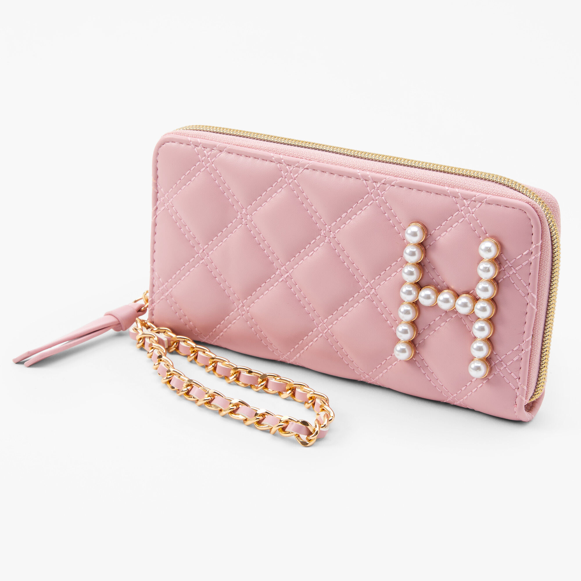 Claire's Pochette poignet à initiale avec perles d’imitation - Rose tendre, H