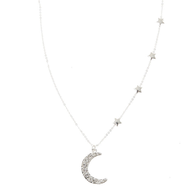 Collier pendentif design &eacute;toile et lune couleur argent&eacute;,
