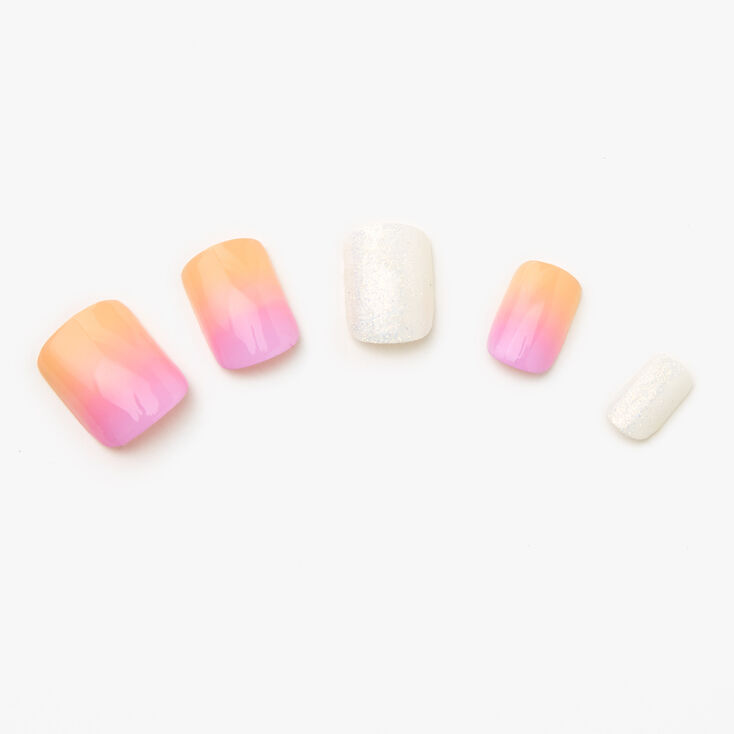 Claire's Faux ongles carrés dégradé de roses et blancs pailletés - Lot de 24