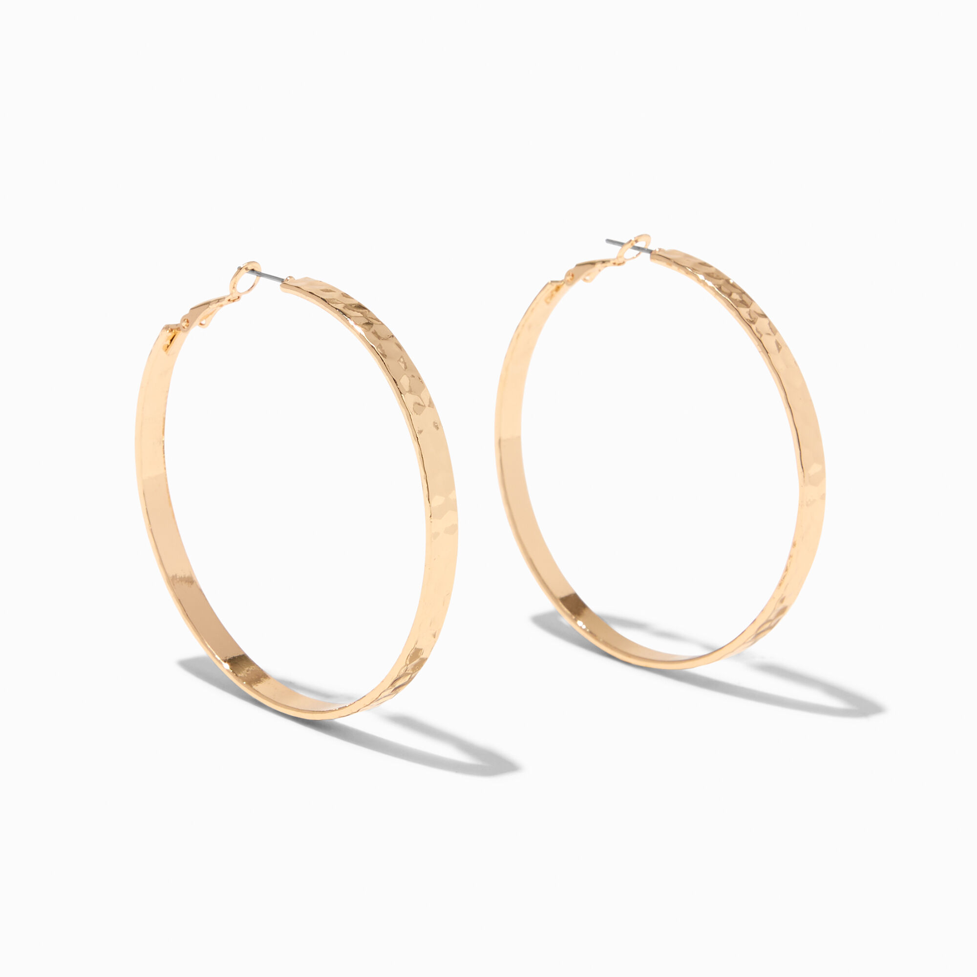View Claires Tone 60MM Hammered Hoop Earrings Gold information