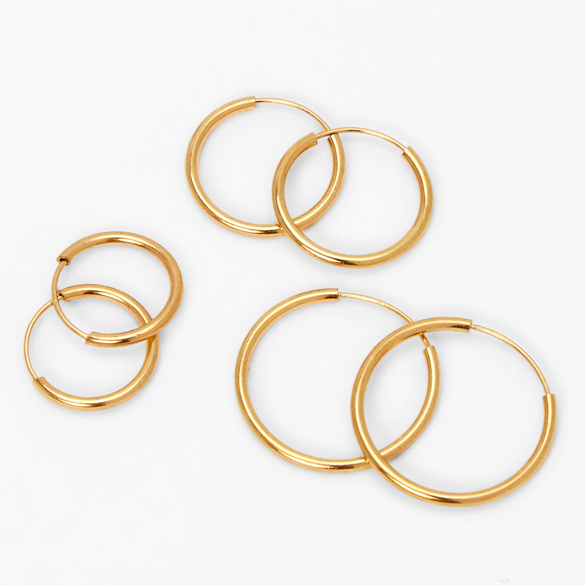 View Claires 18Ct Plated Graduated Hoop Earrings 3 Pack Gold information