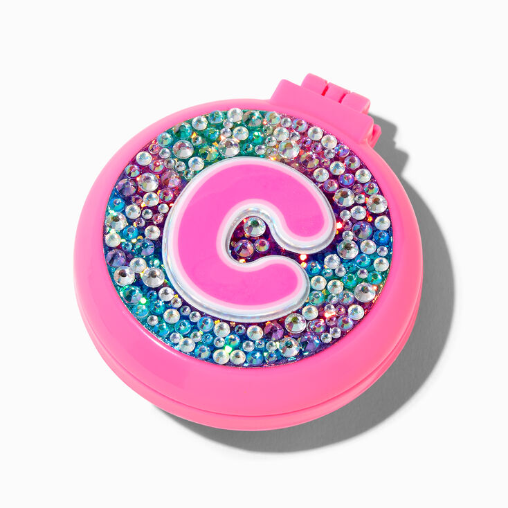 Bejeweled Initial Pop-Up Hair Brush Compact Mirror - C
