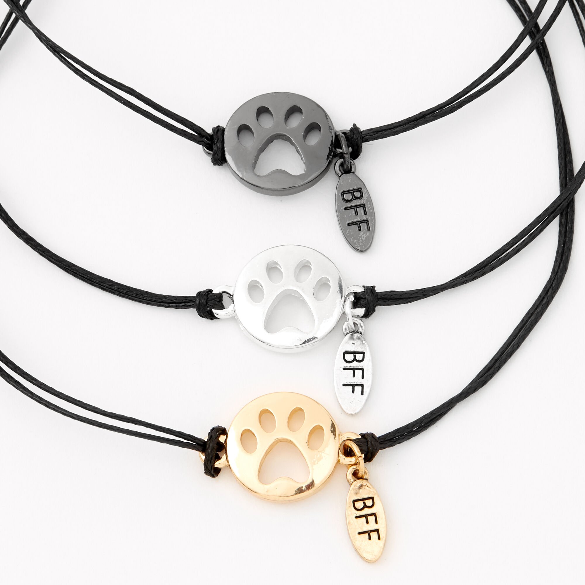 Mixed Metal Paw Cut Out Adjustable Friendship Bracelets 3 Pack