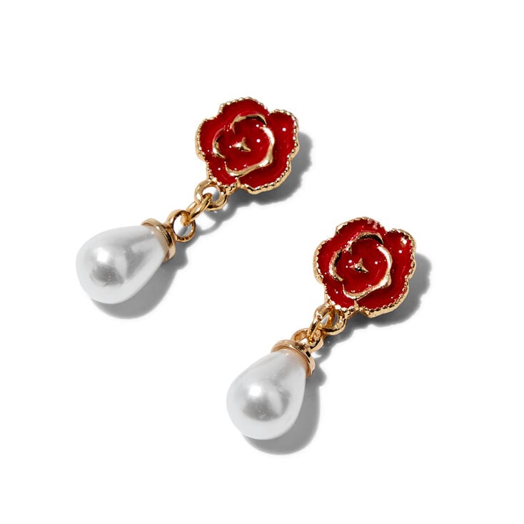 Sculpted Rose &amp; Teardrop Pearl 1&quot; Drop Earrings,