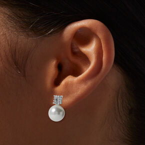 Silver-tone Crystal Pearl Stud Earrings ,