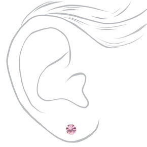 Silver-tone Cubic Zirconia Round Stud Earrings - Pink, 5MM,