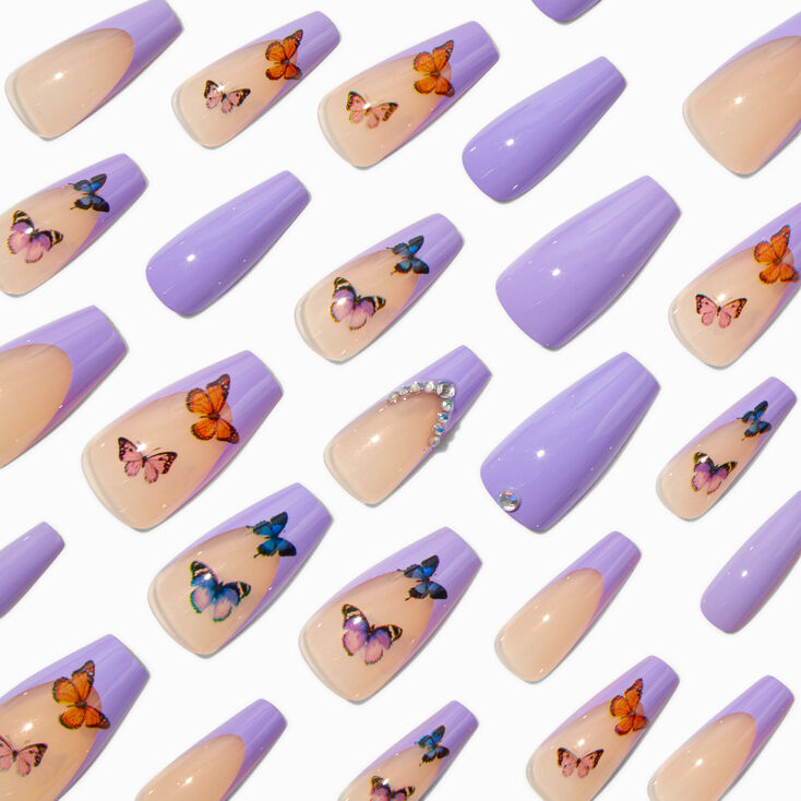 Purple Butterfly French Tip Bling Squareletto Vegan Faux Nail Set - 24 Pack,