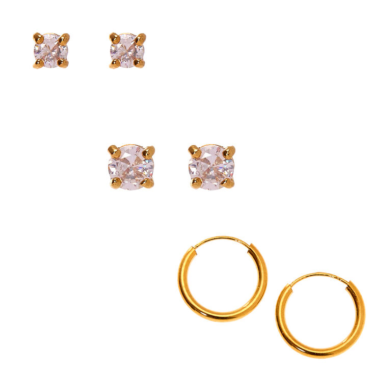 C LUXE by Claire&#39;s 18kt Gold Plated Cubic Zirconia Mixed Earrings - 3 Pack,