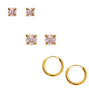 18kt Gold Plated Cubic Zirconia Mixed Crystal Earrings Set - 3 Pack,
