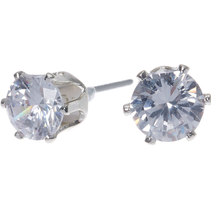 Silver-tone Cubic Zirconia 6mm Round Stud Earrings,