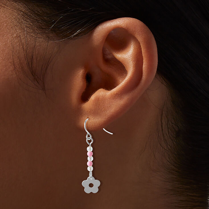 Pink Beaded Flower Earrings Set - 6 Pack ,