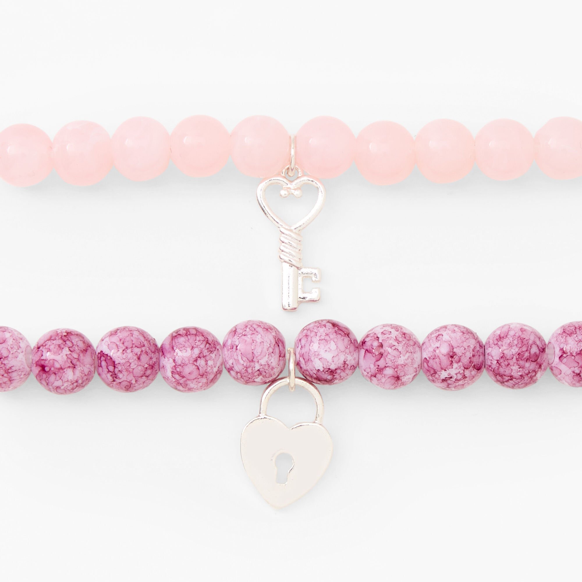 Pink Heart Lock & Key Beaded Stretch Bracelets - 2 Pack,
