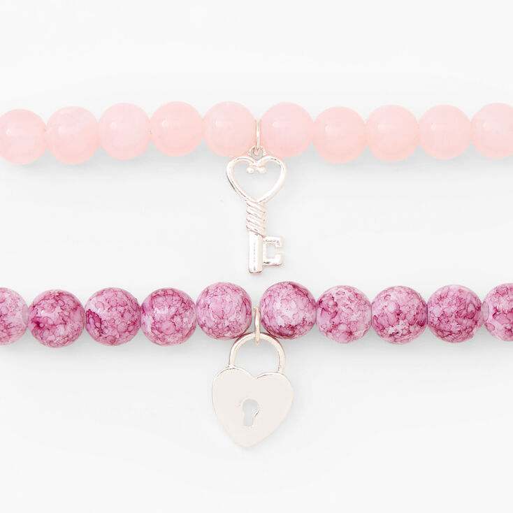 Pink Heart Lock &amp; Key Beaded Stretch Bracelets - 2 Pack,