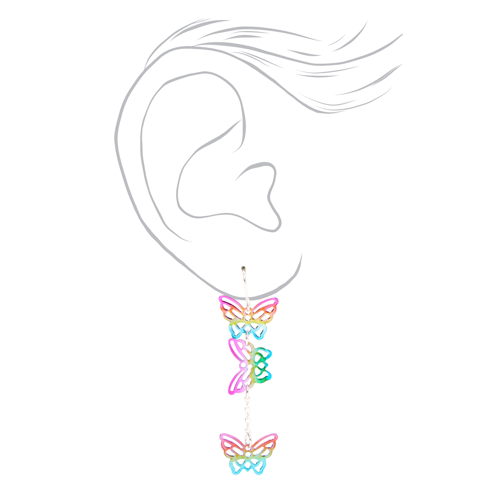 Silver 2" Rainbow Butterfly Drop Earrings,