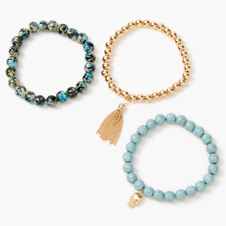 Bracelets &eacute;lastiques perl&eacute;s effet marbr&eacute; cr&acirc;ne - Bleu, lot de 3,