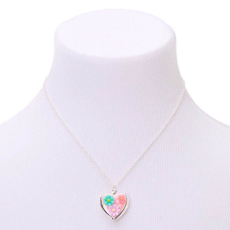 Silver Flower Heart Locket Pendant Necklace - Pink,