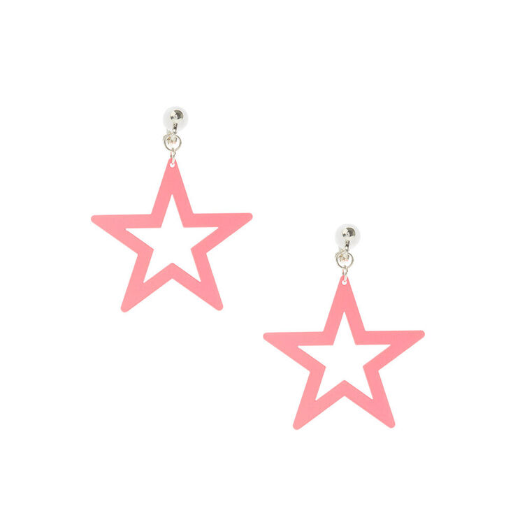 Silver 1.5&quot; Neon Star Clip On Drop Earrings - Pink,