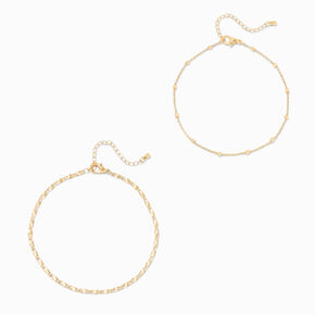 C LUXE by Claire&#39;s 18k Yellow Gold Plated Beaded &amp; Figaro Chain Anklets - 2 Pack,