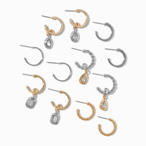 Mixed Metal Crystal Drop Textured Hoop Earrings - 6 Pack,