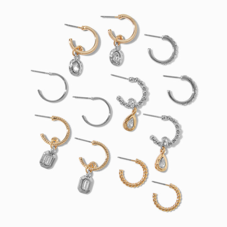Mixed Metal Crystal Drop Textured Hoop Earrings - 6 Pack,