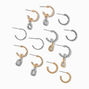Mixed Metal Crystal Drop Textured Hoop Earrings - 6 Pack,