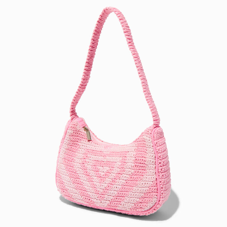 Pink Crochet Heart Shield Shoulder Handbag,