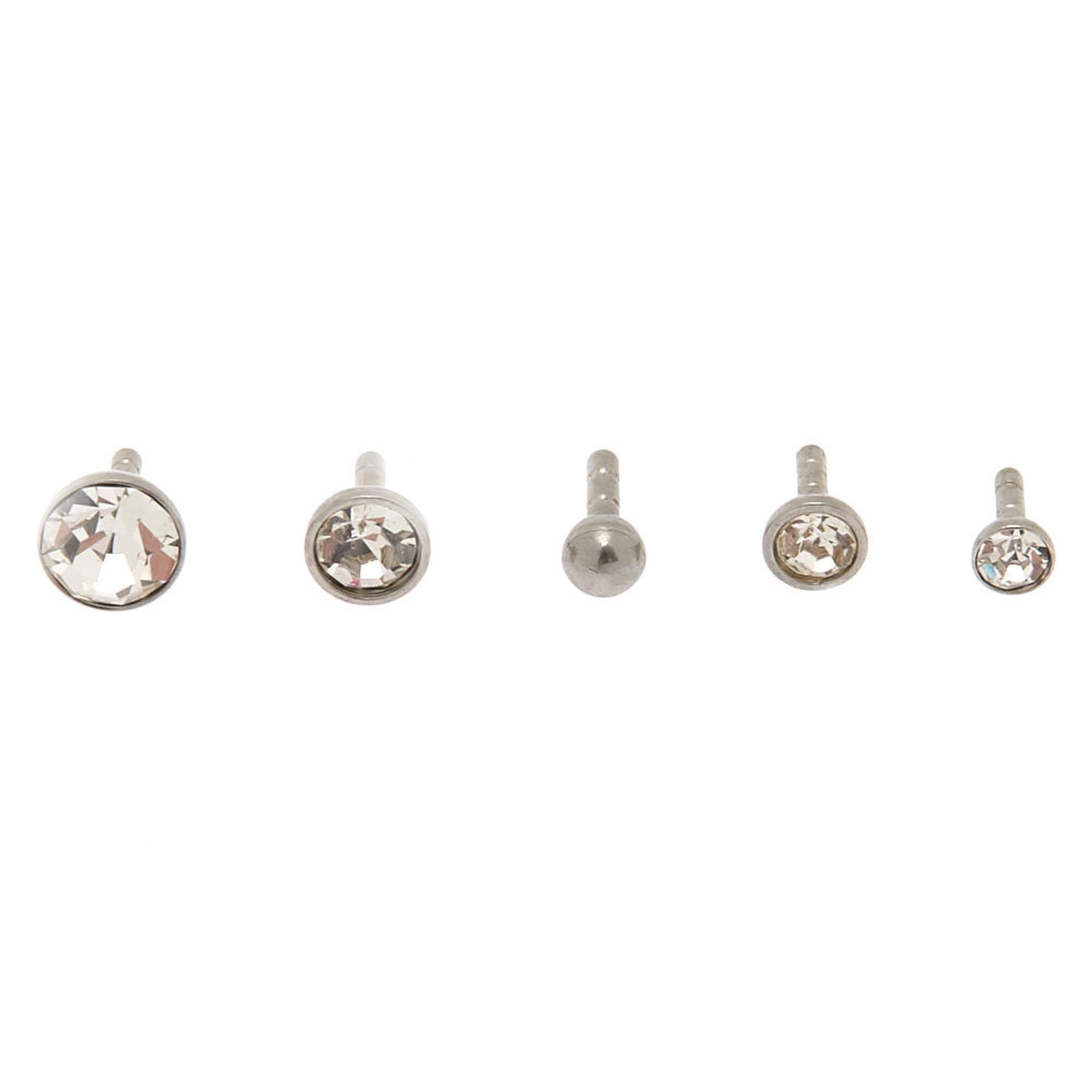 Silver-tone 16G Multi Top Crystal Labret Flat Back Lip Studs - 5 Pack,