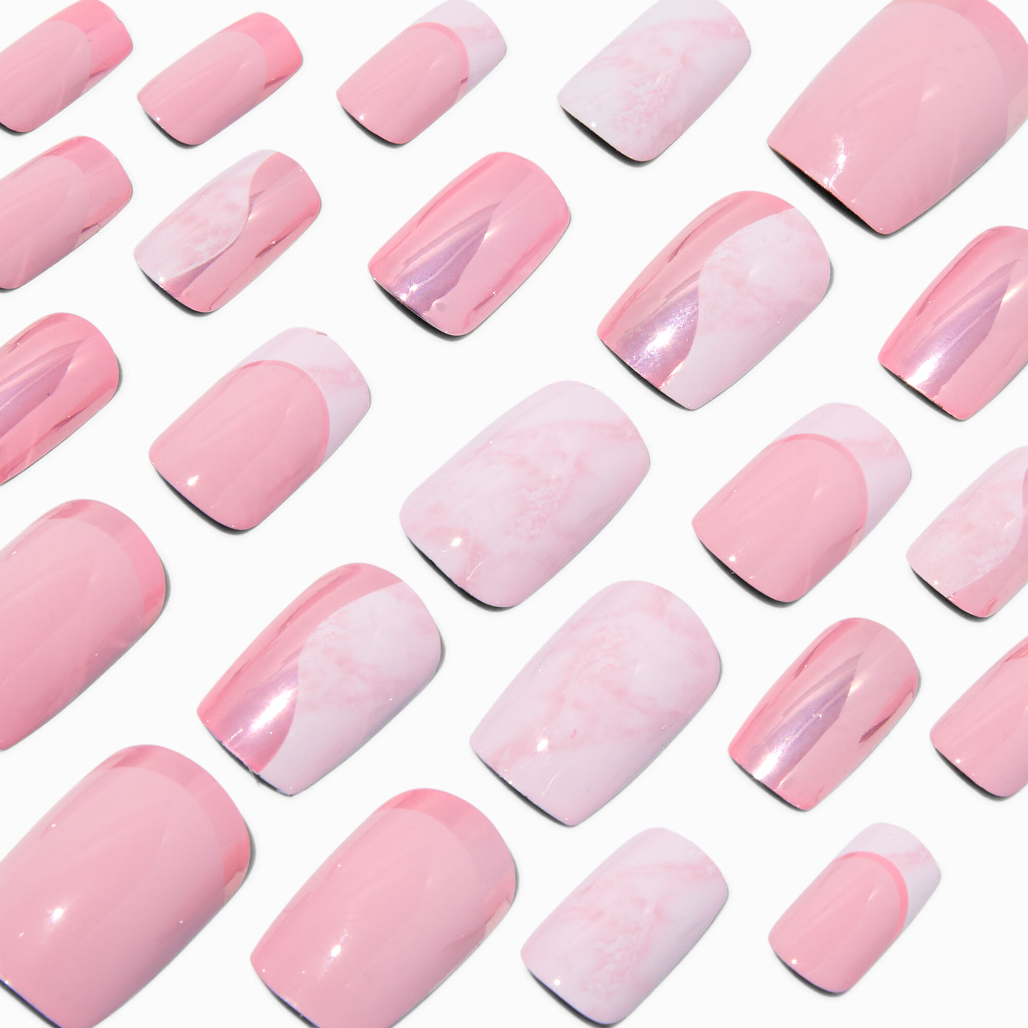 View Claires Marble Metallic Mid Square Vegan Faux Nail Set 24 Pack Pink information