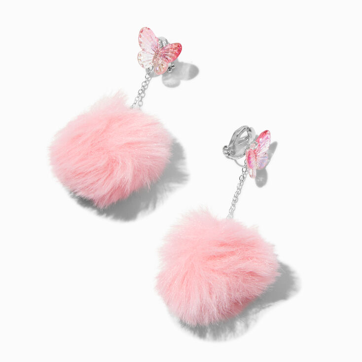 Pink Butterfly Pom Pom 2" Clip-On Drop Earrings