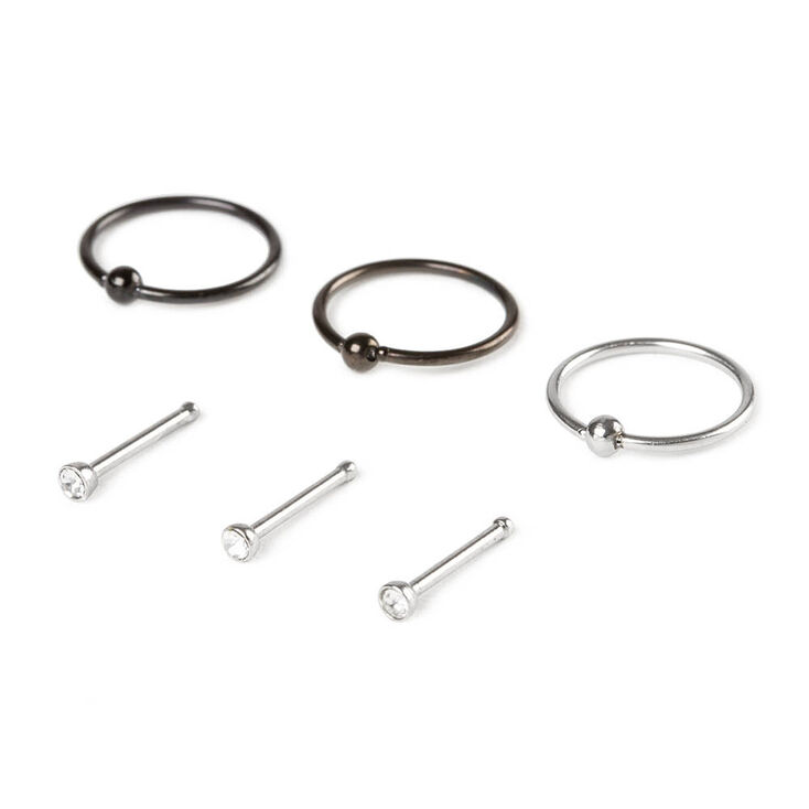 Mixed Metal 20G Crystal Nose Studs &amp; Hoops - 6 Pack,