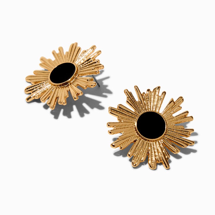 Gold-tone Starburst Black Enamel Stud Earrings,