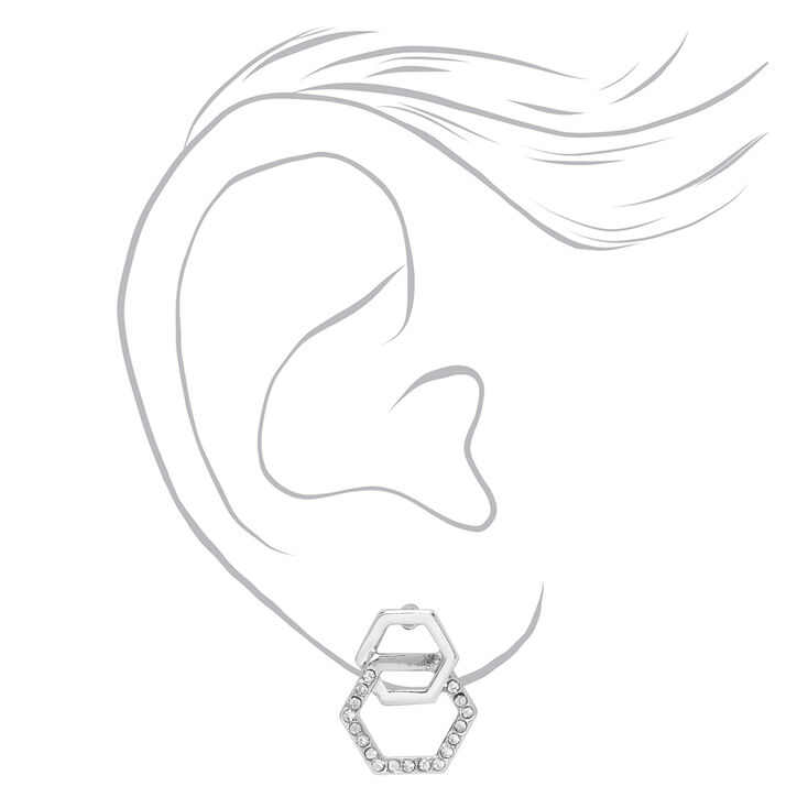 Silver Double Hexagon Stud Earrings,