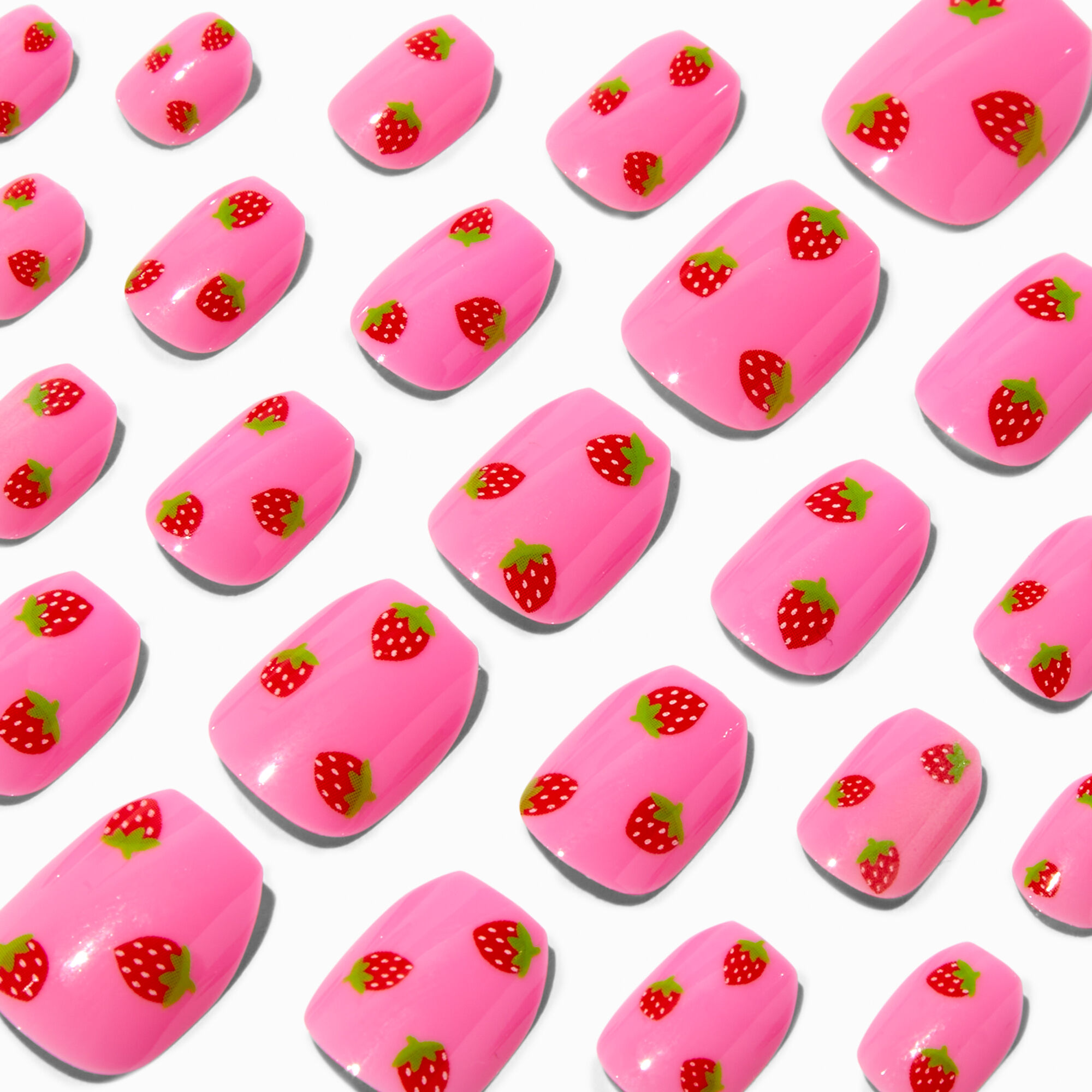 View Claires Strawberry Coffin Press On Vegan Faux Nail Set 24 Pack Pink information