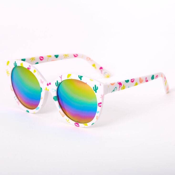 Claire's Lunettes de soleil rondes style mod avec imprimé signature pour l’été - Blanc