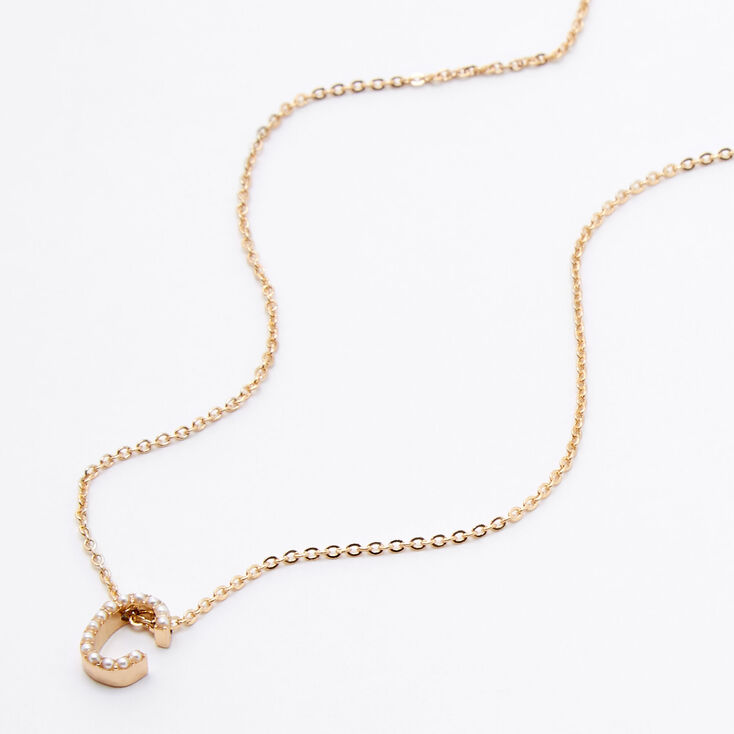 Gold Mini Pearl Initial Pendant Necklace - C