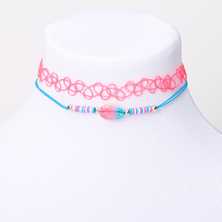 Blue, Pink, &amp; Purple Cowrie Shell Choker Necklaces - 2 Pack,
