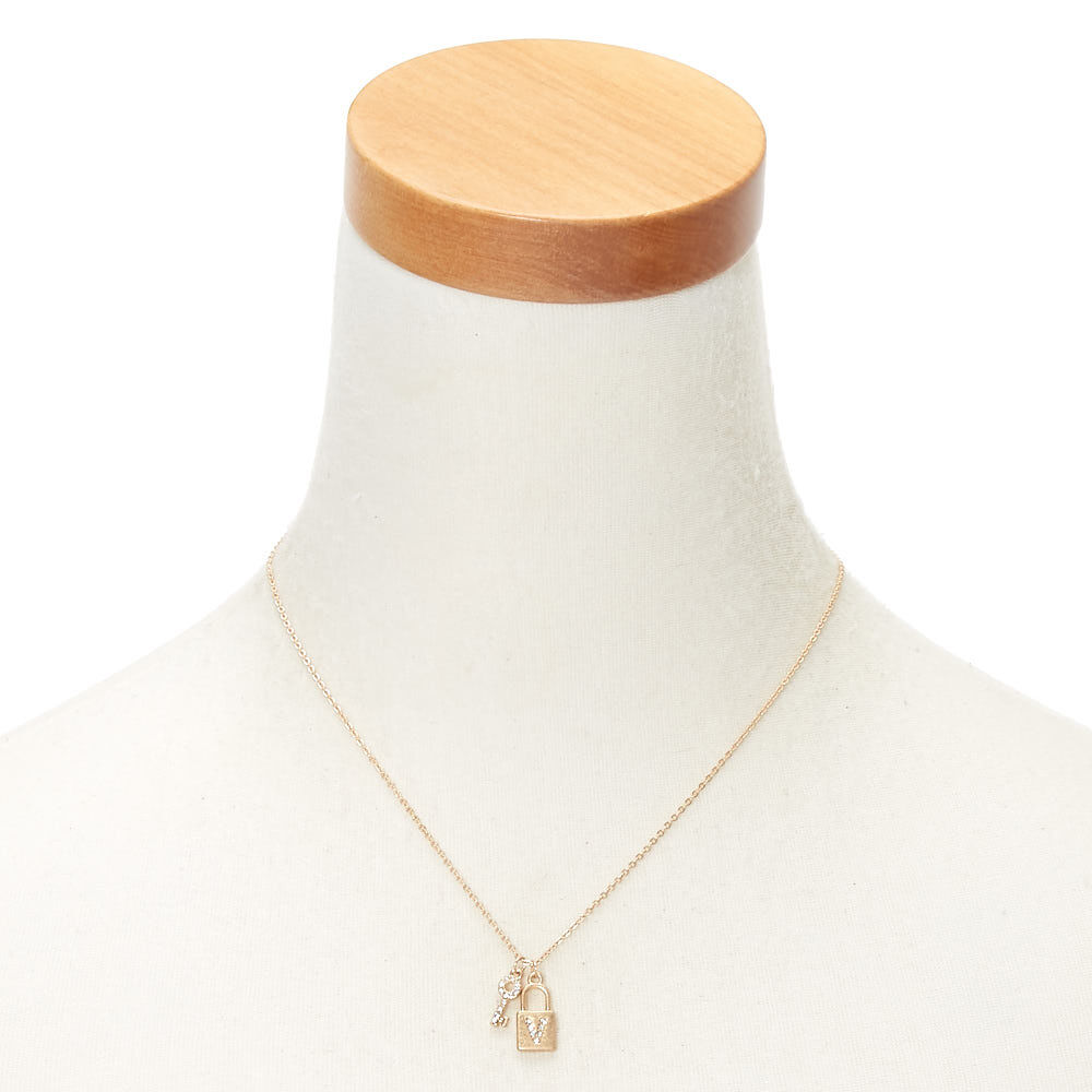 Gold Lock & Key Initial Pendant Necklace - V,