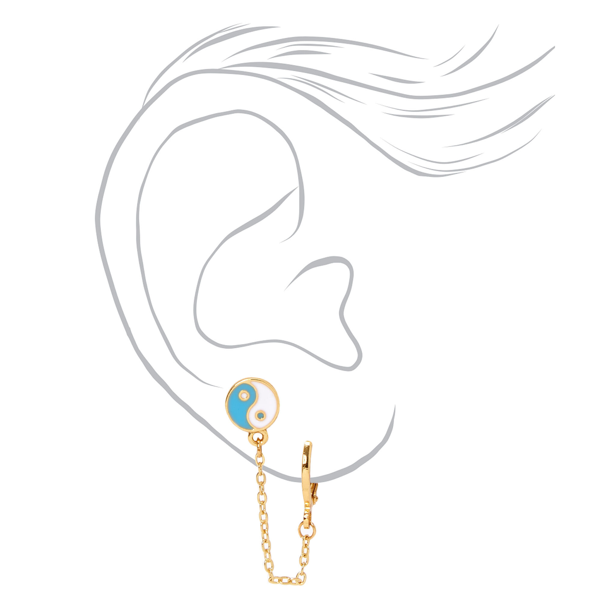Gold Huggy Hoop & Yin Yang Stud Connector Chain Earrings,