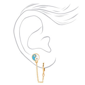 Gold Huggy Hoop &amp; Yin Yang Stud Connector Chain Earrings,