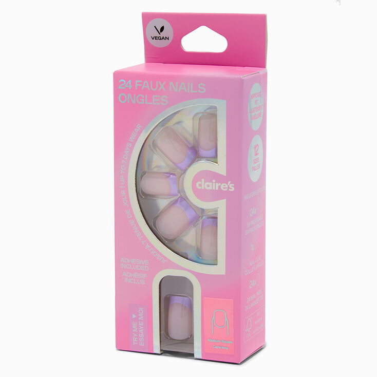 Holographic Purple French Tip Medium Square Vegan Faux Nail Set - 24 Pack,