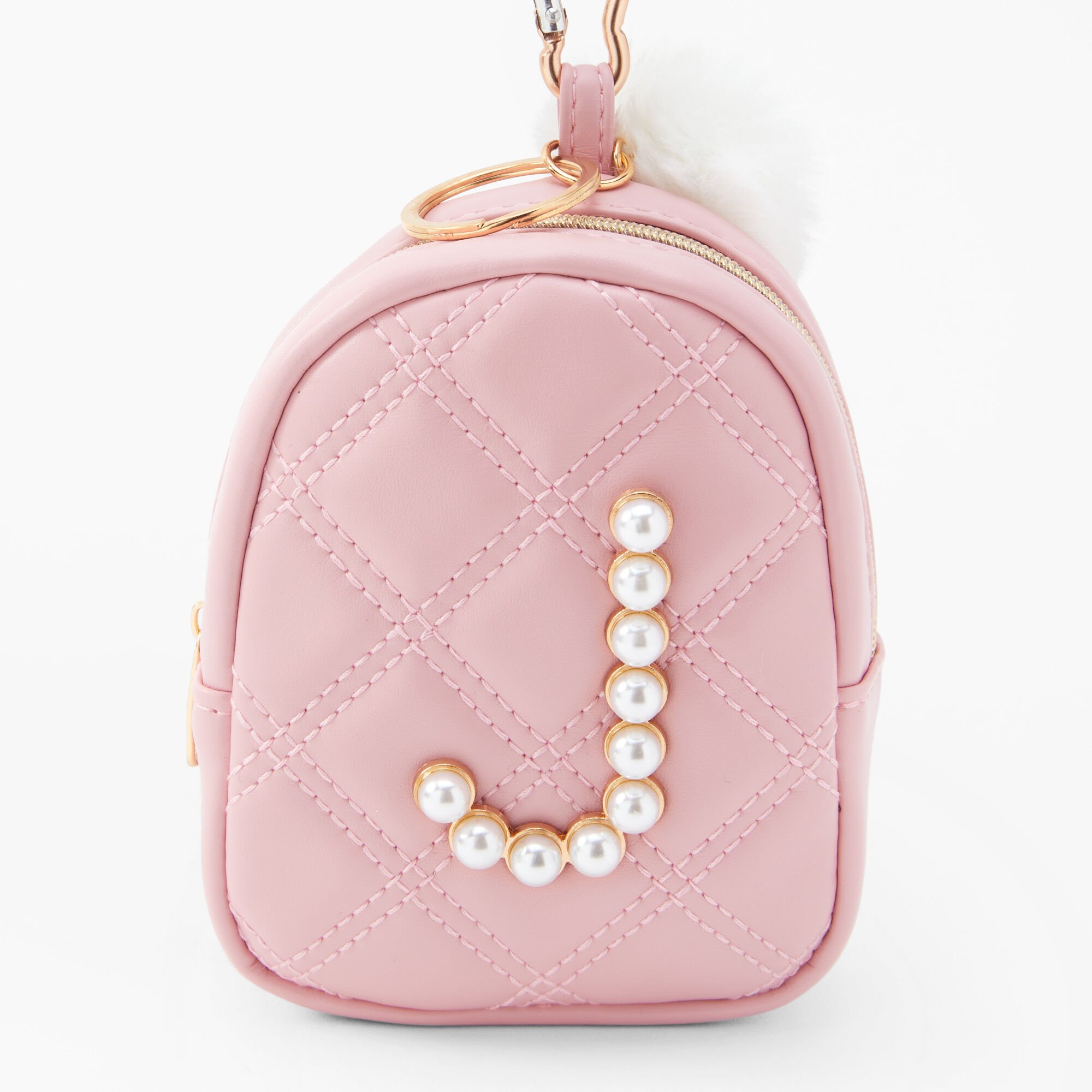 Porte-clés mini sac à dos perles d'imitation à initiale - Rose tendre, J,