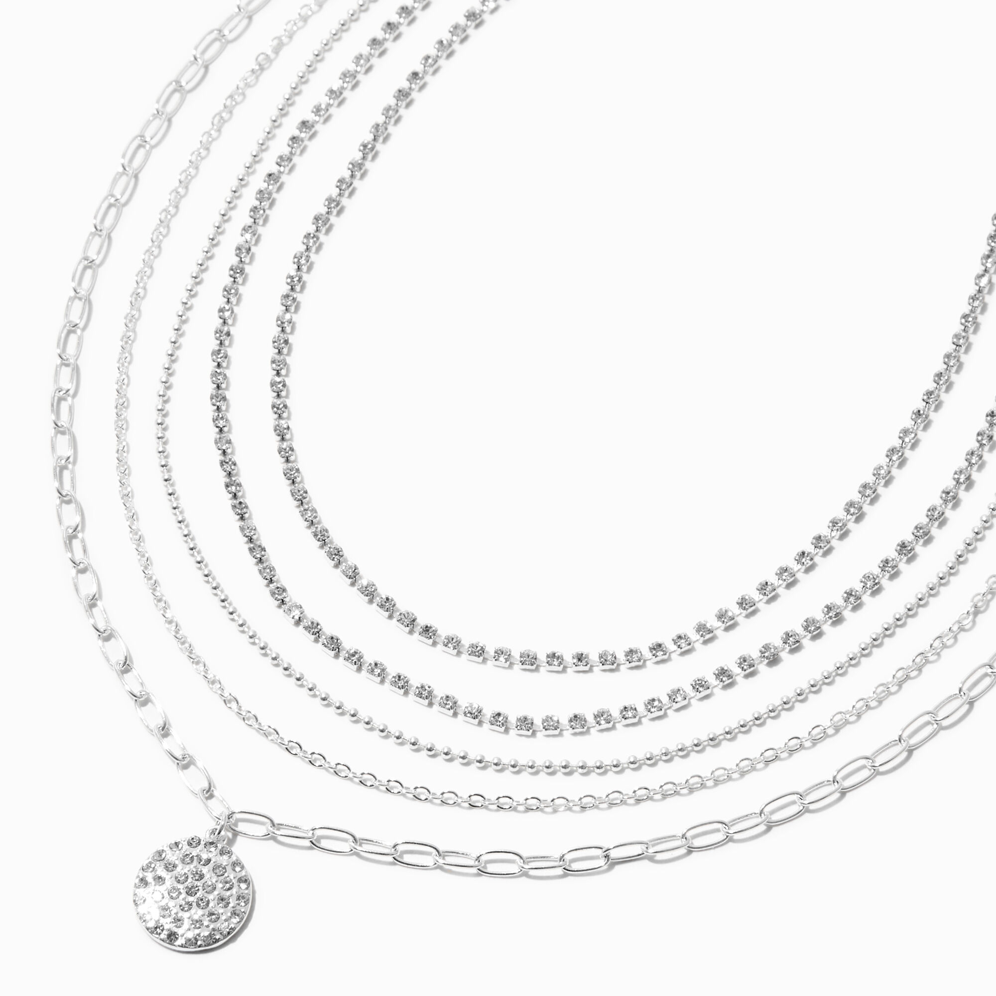 View Claires Tone Rhinestone Medallion Necklaces 5 Pack Silver information