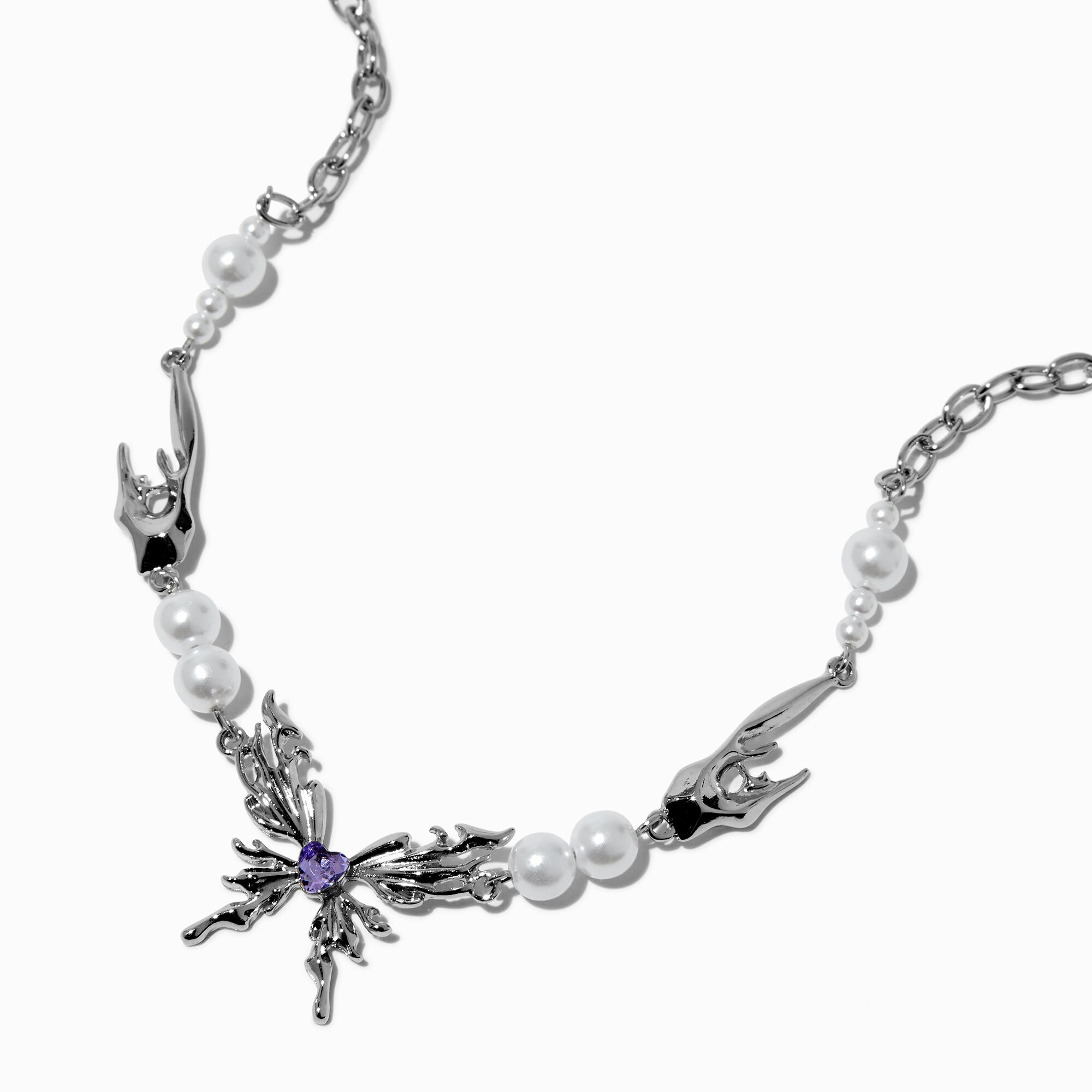 Collier à pendentif perle d'imitation papillon style métal fondu couleur argentée,