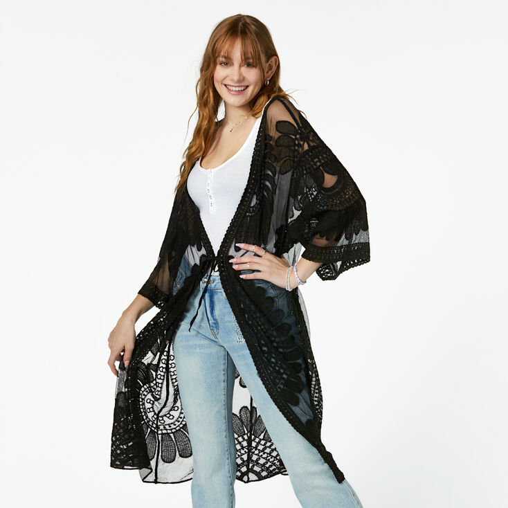 Sheer Floral Crochet Kimono - Black,