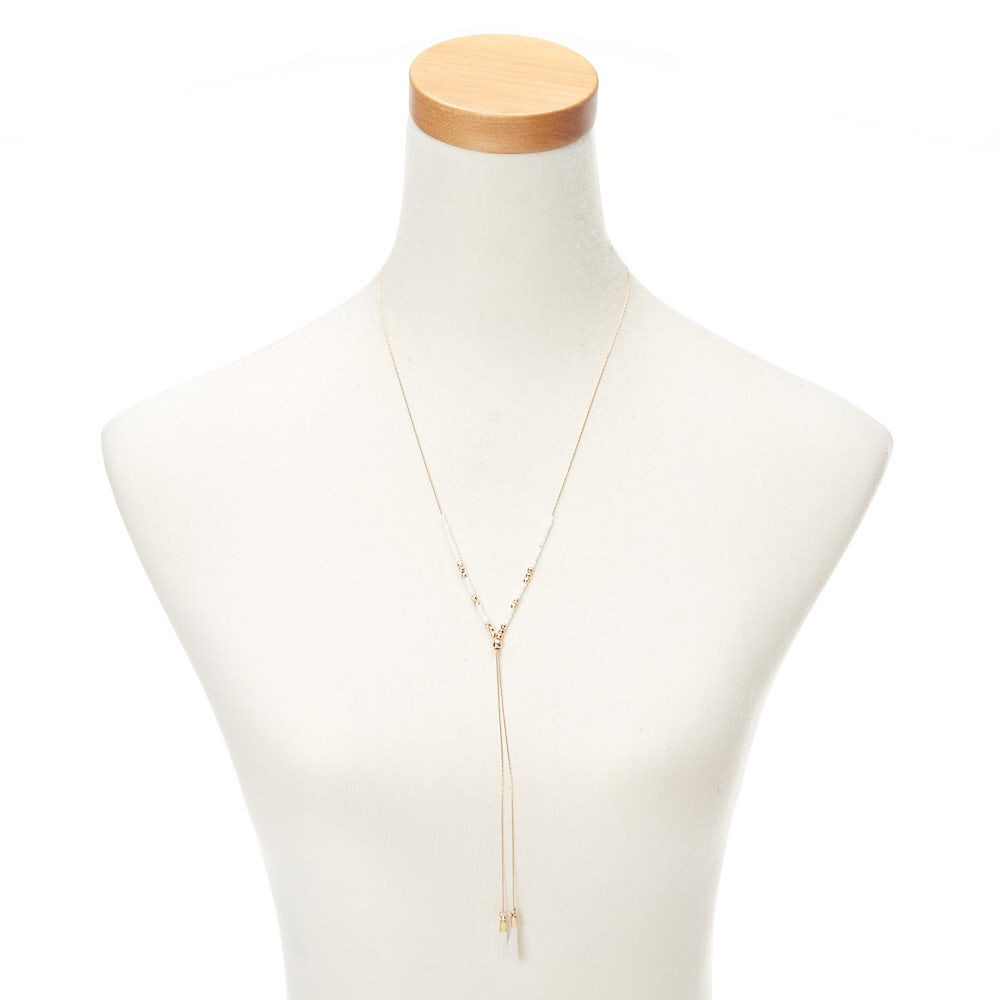 Gold Beaded Long Tassel Pendant Necklace - White,